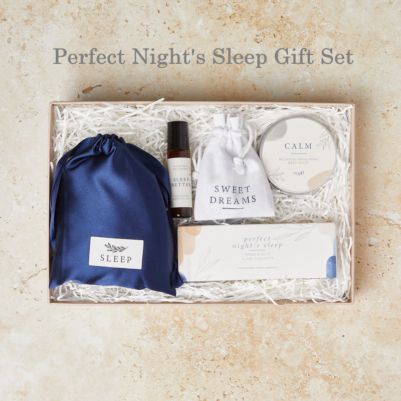 Perfect night's sleep letterbox gift set containing silk eye mask, tealights, lavender pouch, bath salts and sleep better aromatherapy oil