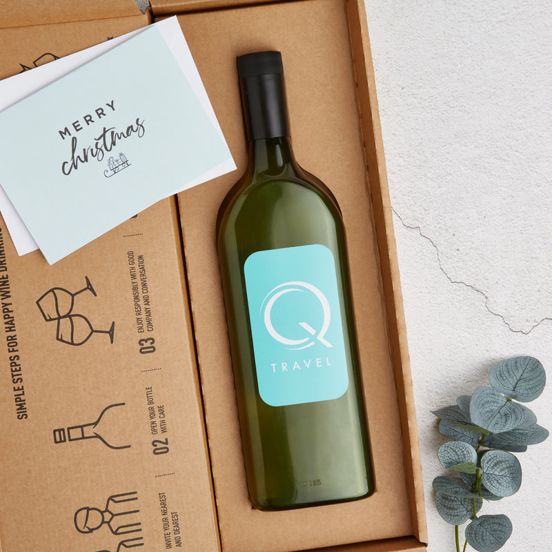 Letterbox-friendly wine in gift box with personalised corporate logo label and merry christmas greetings card