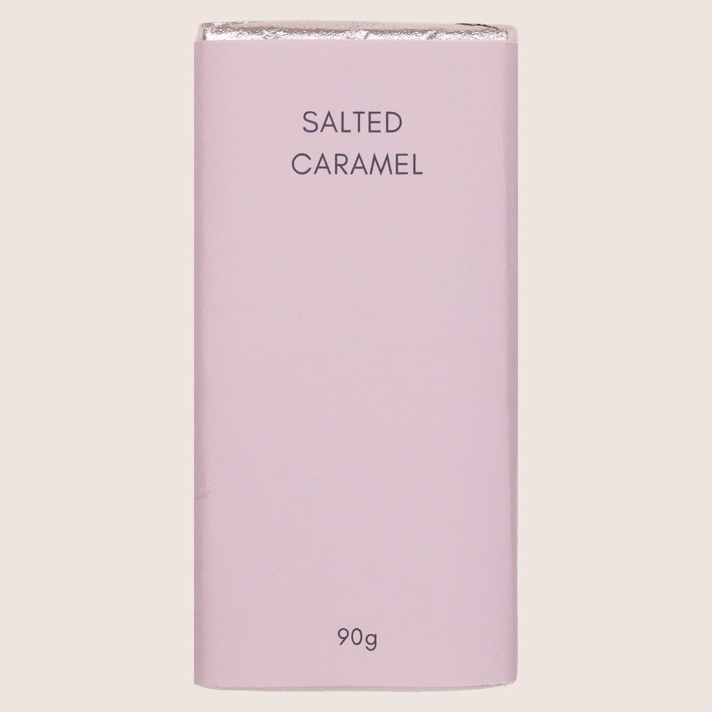 Salted caramel chocolate bar in pale purple wrapper