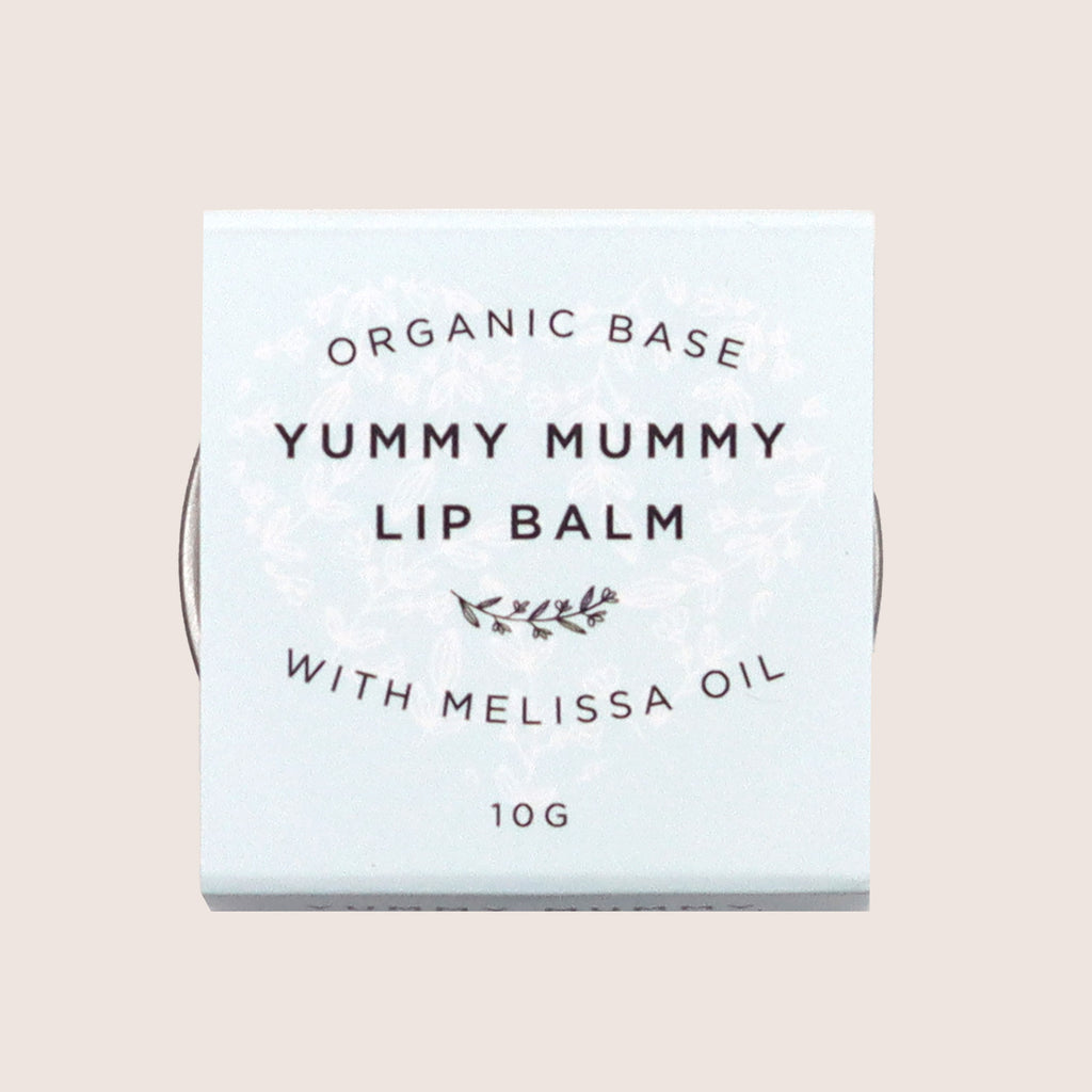 'Yummy Mummy Lip Balm' with Melissa Oil in 10g tin with pale blue sleeve