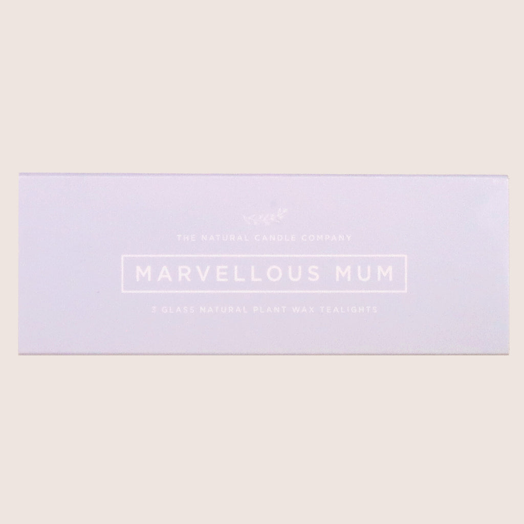 Three 'Marvellous Mum' tealights in pastel purple sleeve